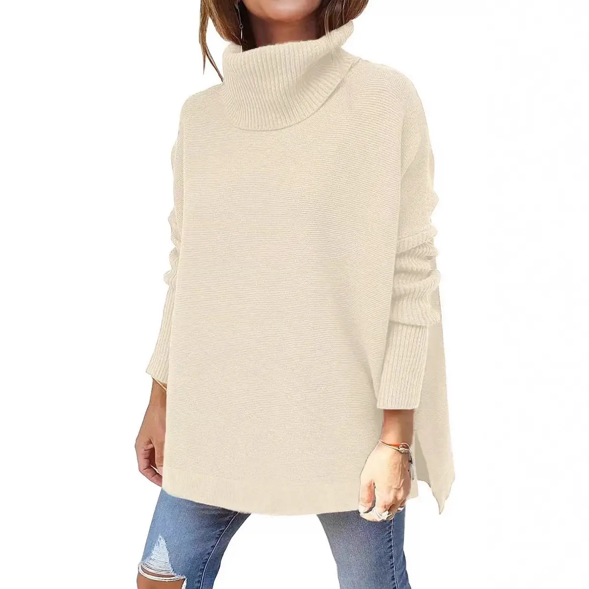 Brown Turtleneck Sweater with Long Bat Sleeves