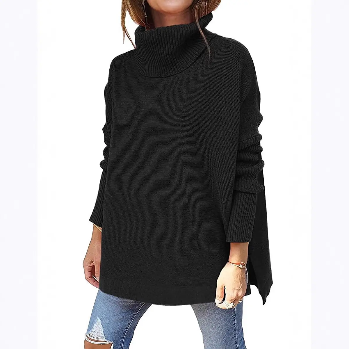 Brown Turtleneck Sweater with Long Bat Sleeves