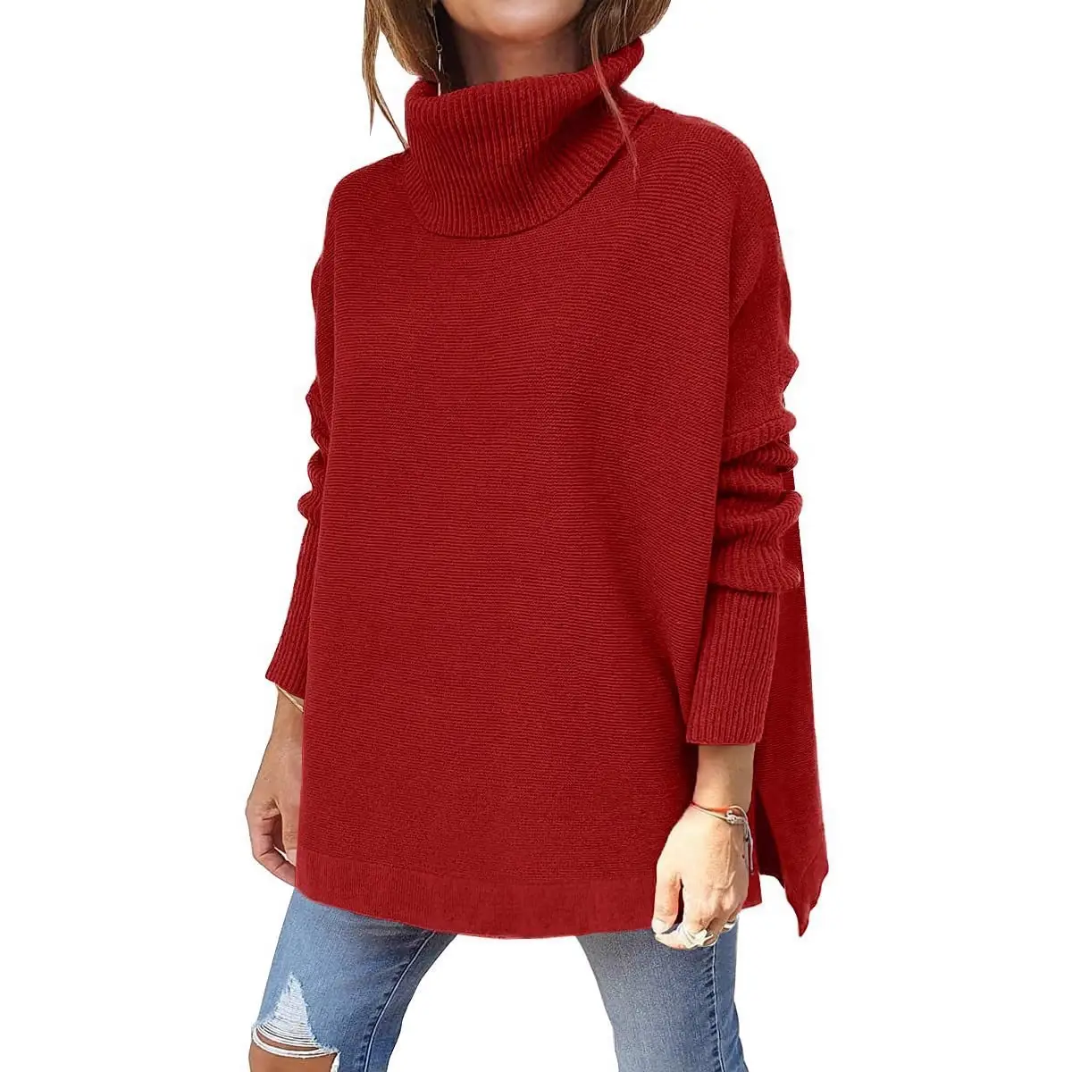 Brown Turtleneck Sweater with Long Bat Sleeves