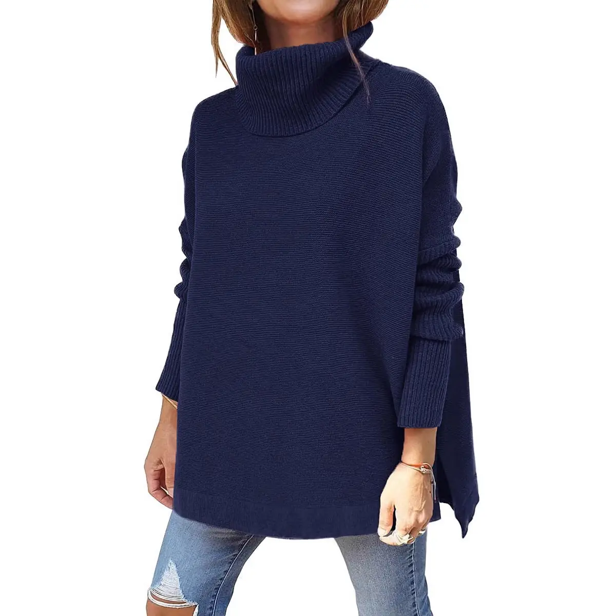 Brown Turtleneck Sweater with Long Bat Sleeves