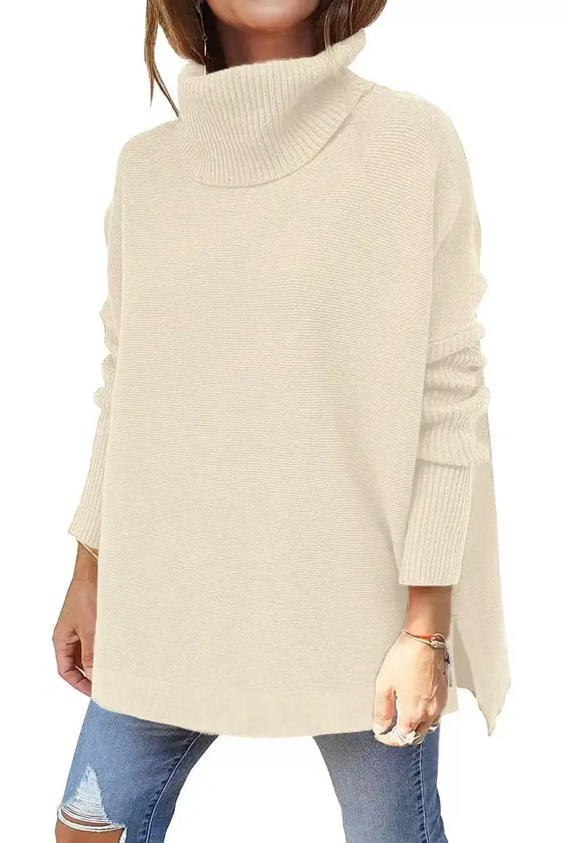Brown Turtleneck Sweater with Long Bat Sleeves
