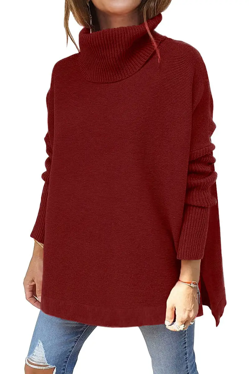 Brown Turtleneck Sweater with Long Bat Sleeves