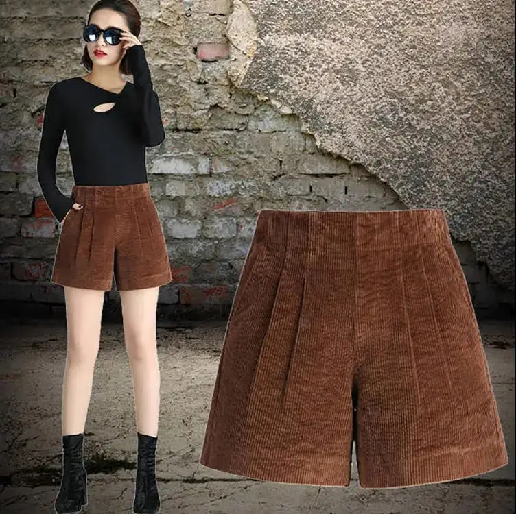 Women Brown Corduroy Wide Leg Shorts High Waist