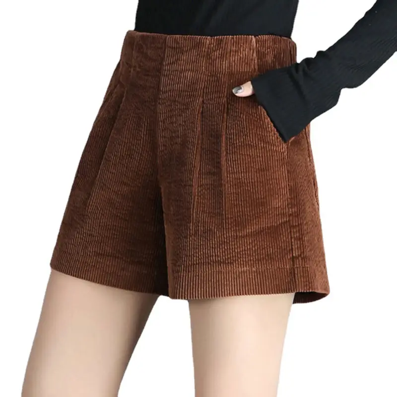 Women Brown Corduroy Wide Leg Shorts High Waist