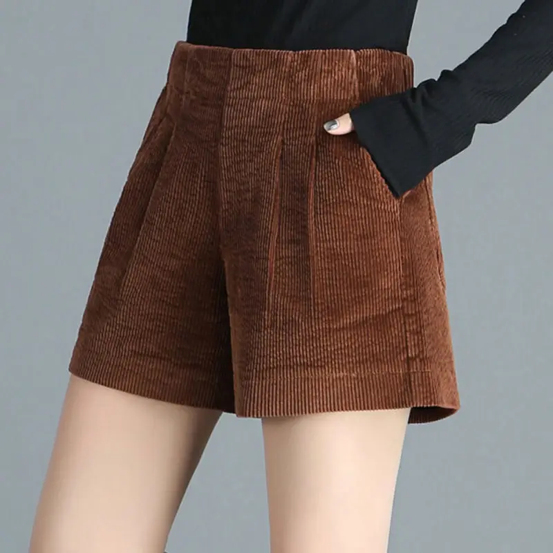 Women Brown Corduroy Wide Leg Shorts High Waist — feature 10