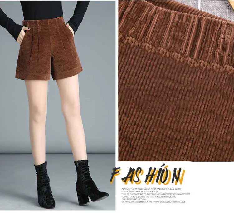 Women Brown Corduroy Wide Leg Shorts High Waist — feature 4