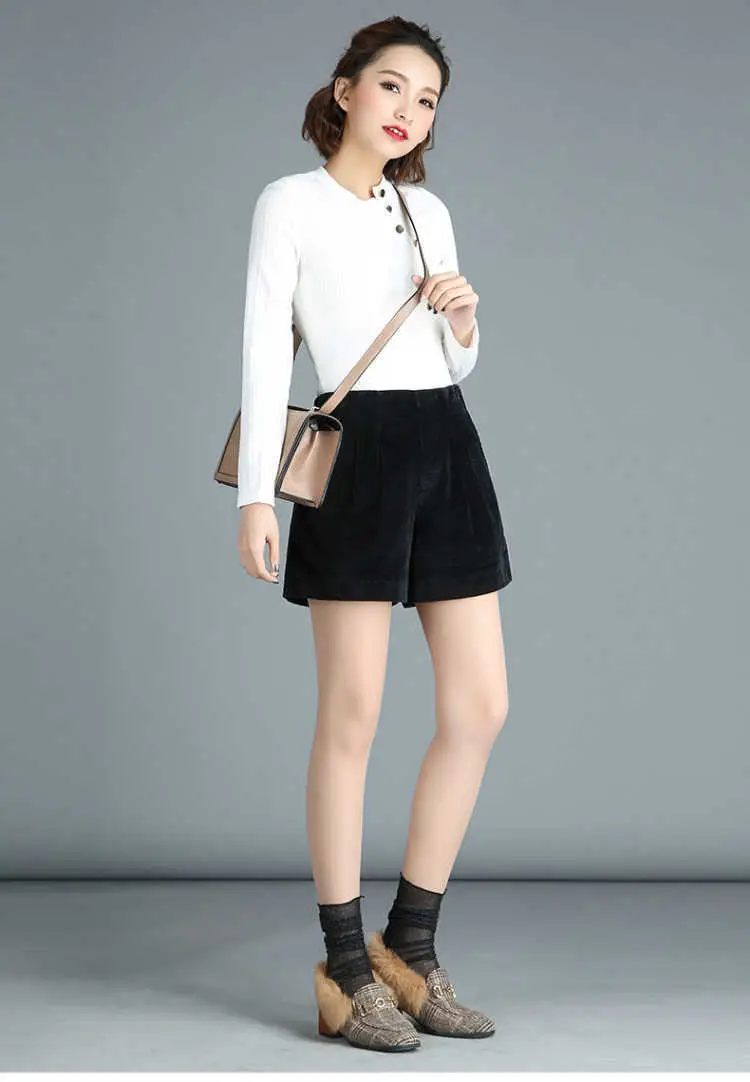 Women Brown Corduroy Wide Leg Shorts High Waist — feature 6