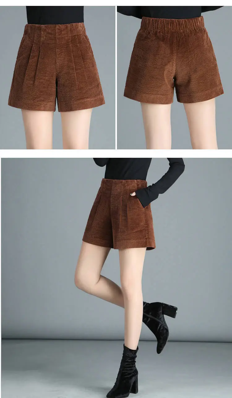 Women Brown Corduroy Wide Leg Shorts High Waist — feature 9