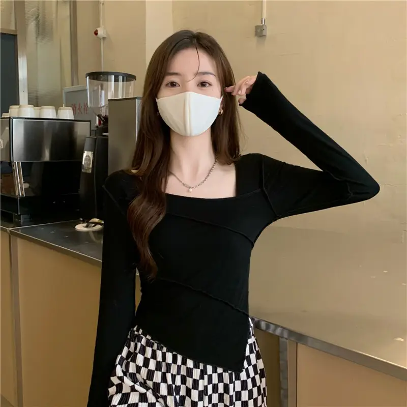 Irregular Square Neck Long Sleeve T-Shirt Black Women - Image 5