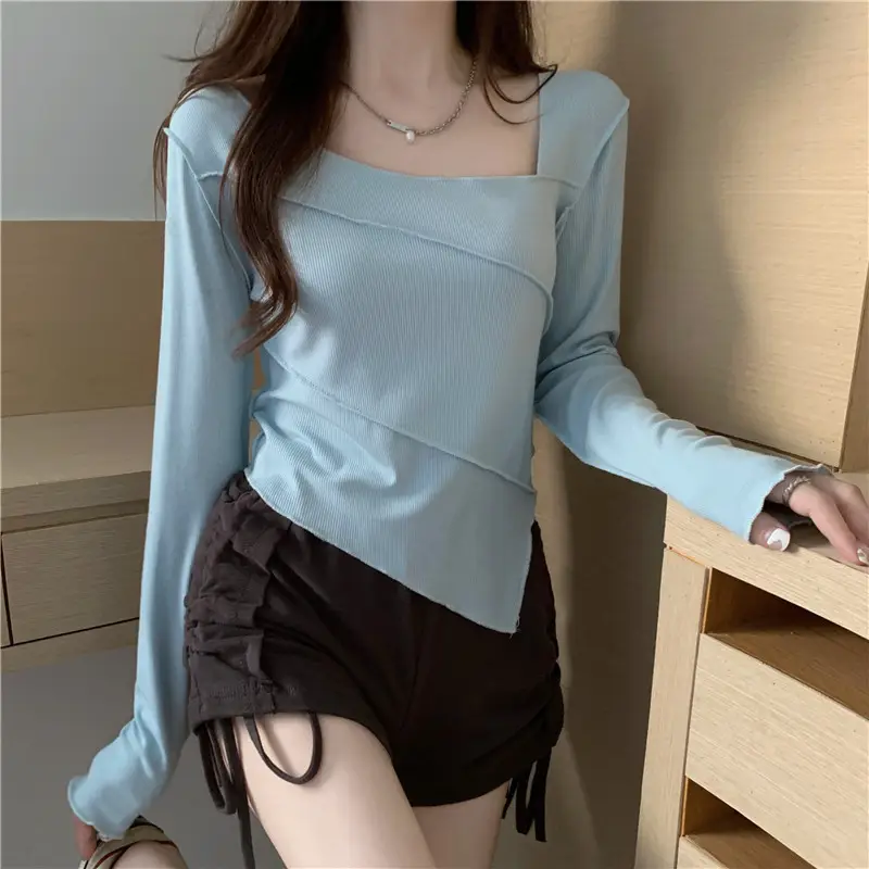 Irregular Square Neck Long Sleeve T-Shirt Black Women - Image 7