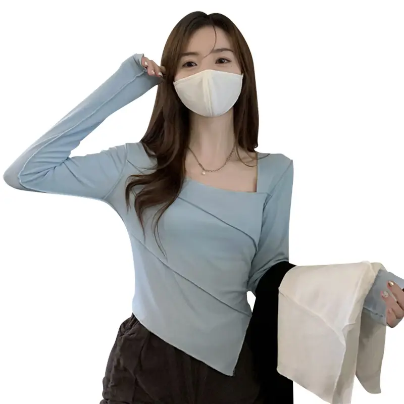 Irregular Square Neck Long Sleeve T-Shirt Black Women - Image 8