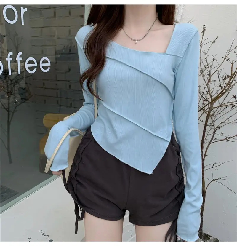 Irregular Square Neck Long Sleeve T-Shirt Black Women — feature 10