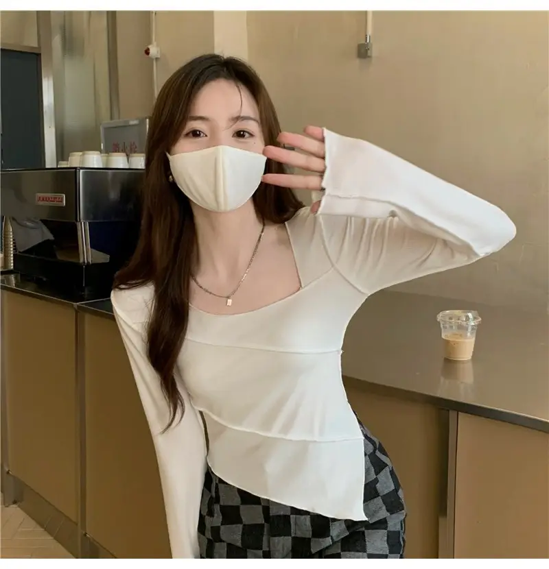Irregular Square Neck Long Sleeve T-Shirt Black Women — feature 12
