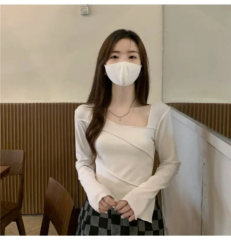 Irregular Square Neck Long Sleeve T-Shirt Black Women — feature 13