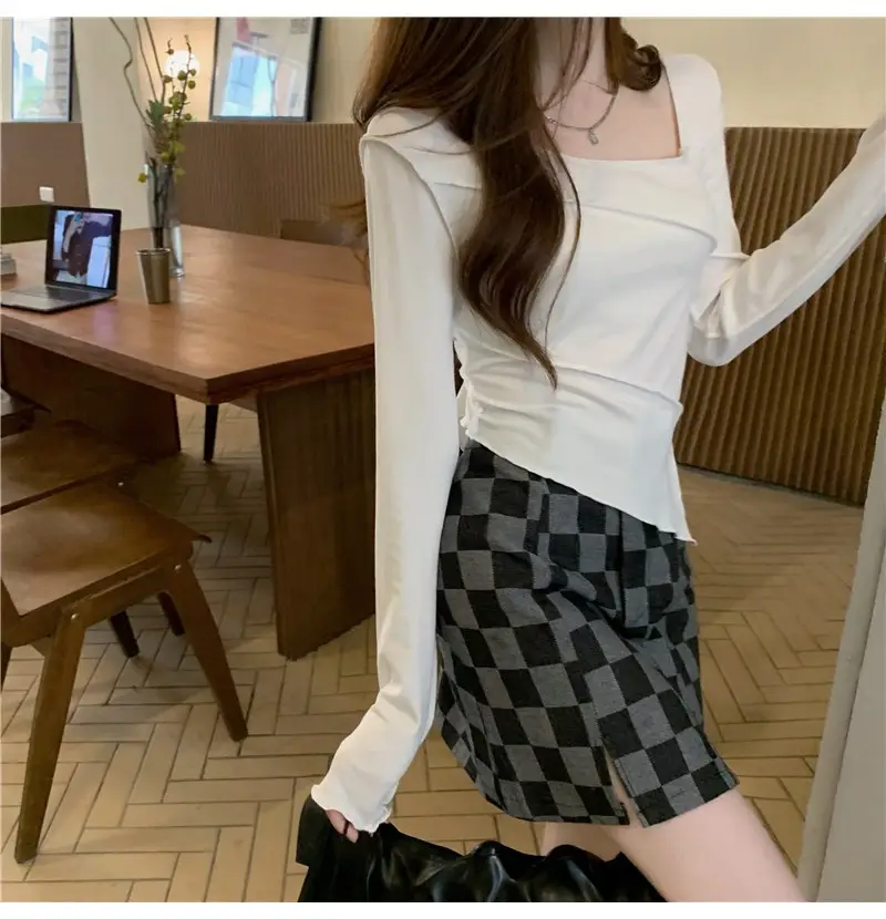 Irregular Square Neck Long Sleeve T-Shirt Black Women — feature 14