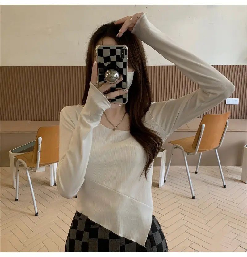 Irregular Square Neck Long Sleeve T-Shirt Black Women — feature 15