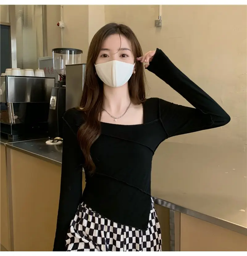 Irregular Square Neck Long Sleeve T-Shirt Black Women — feature 16