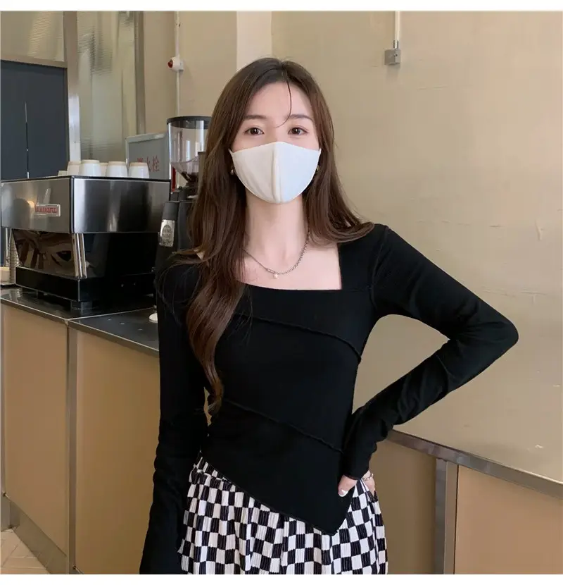 Irregular Square Neck Long Sleeve T-Shirt Black Women — feature 17