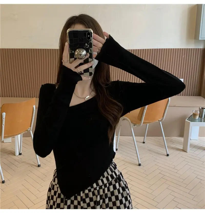 Irregular Square Neck Long Sleeve T-Shirt Black Women — feature 18