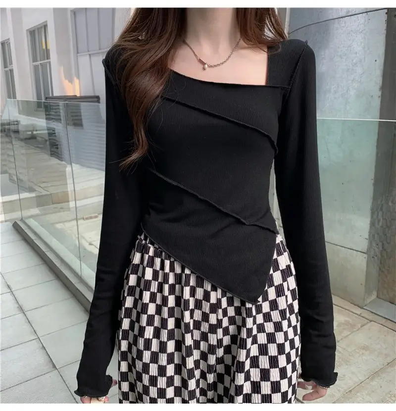 Irregular Square Neck Long Sleeve T-Shirt Black Women — feature 20