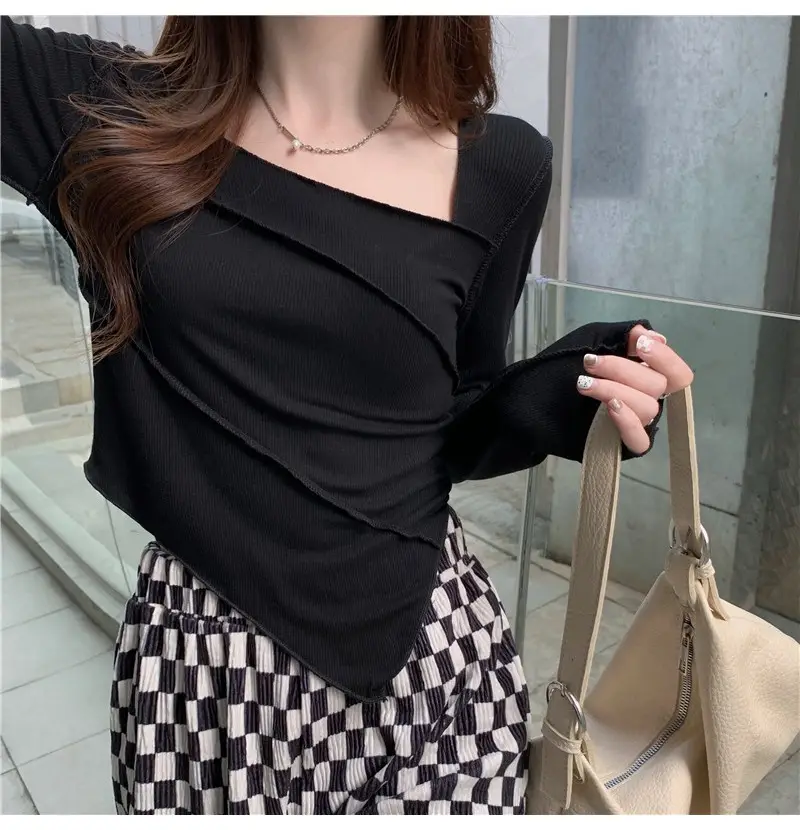 Irregular Square Neck Long Sleeve T-Shirt Black Women — feature 21