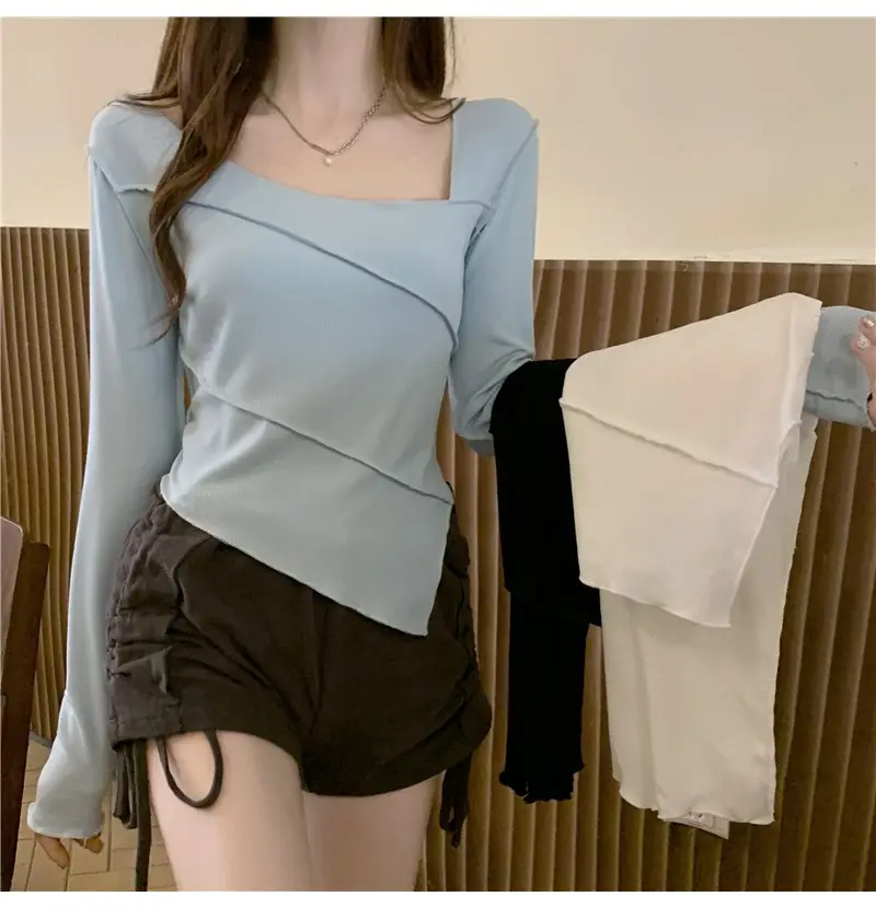Irregular Square Neck Long Sleeve T-Shirt Black Women — feature 3