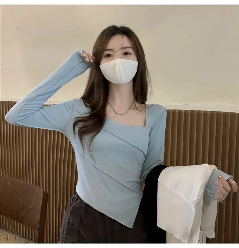 Irregular Square Neck Long Sleeve T-Shirt Black Women — feature 4