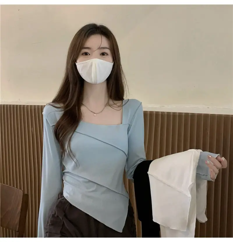 Irregular Square Neck Long Sleeve T-Shirt Black Women — feature 5