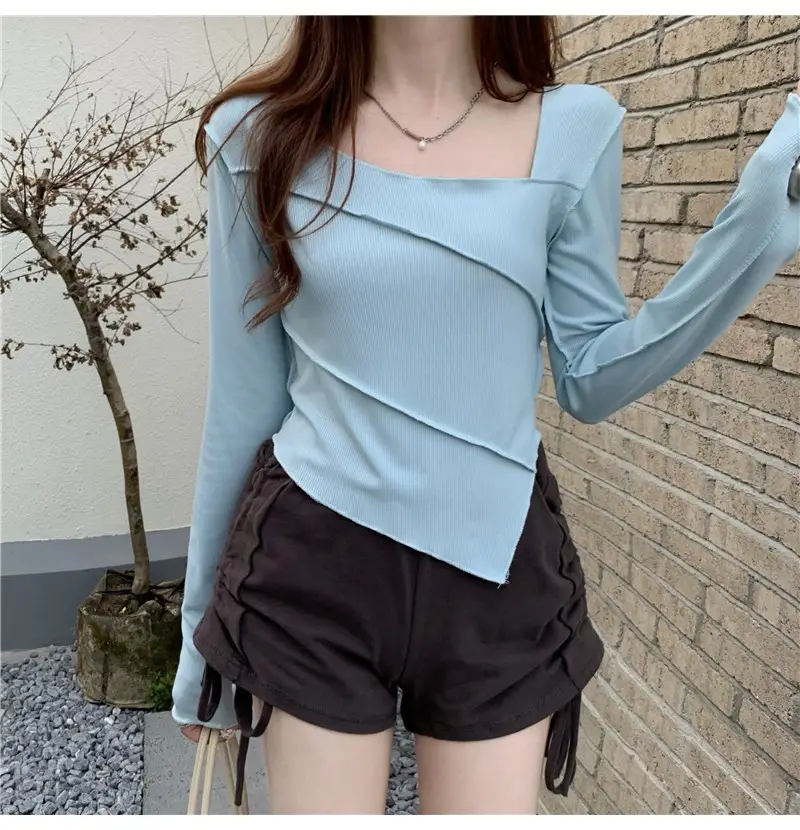 Irregular Square Neck Long Sleeve T-Shirt Black Women — feature 7