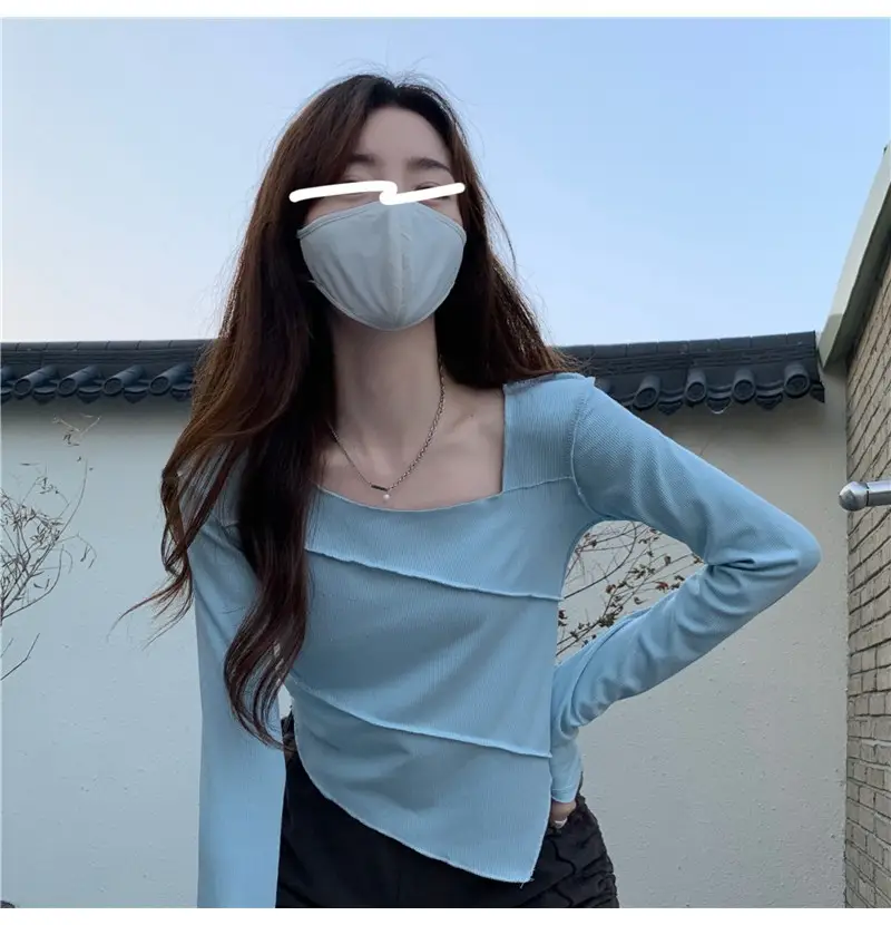 Irregular Square Neck Long Sleeve T-Shirt Black Women — feature 8