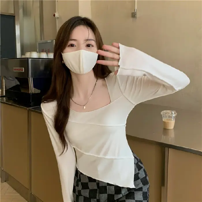 Irregular Square Neck Long Sleeve T-Shirt Black Women - Image 2