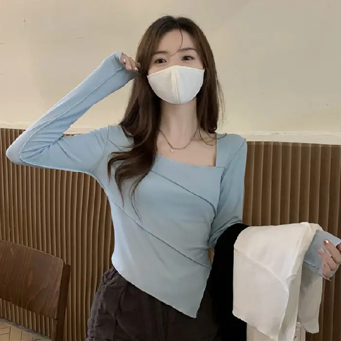 Irregular Square Neck Long Sleeve T-Shirt Black Women - Image 3