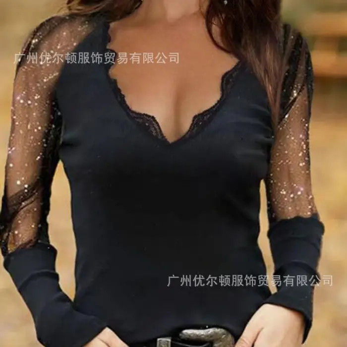 2022 V-Neck Long Sleeve Black T-Shirt for Women - Image 4