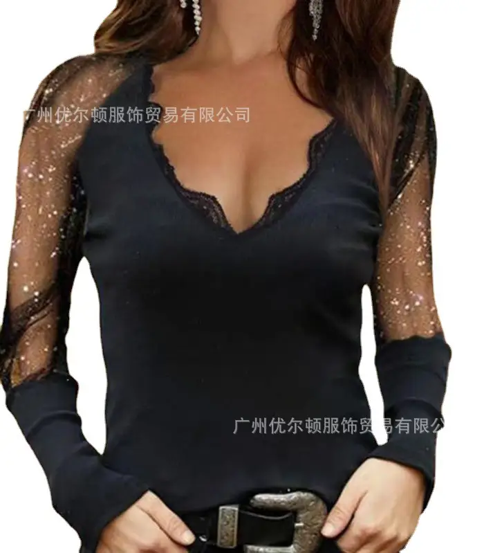 2022 V-Neck Long Sleeve Black T-Shirt for Women - Image 6