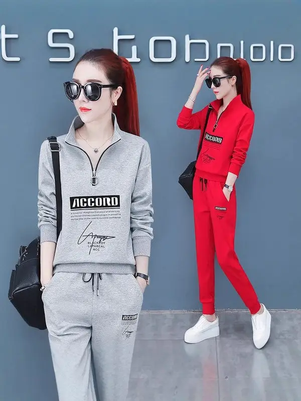 Women Cross-Border Crossbody Sweatshirt Set Red Grey Large