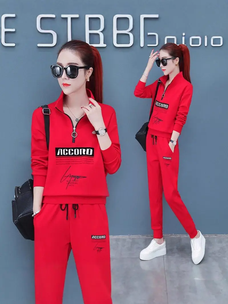 Women Cross-Border Crossbody Sweatshirt Set Red Grey Large