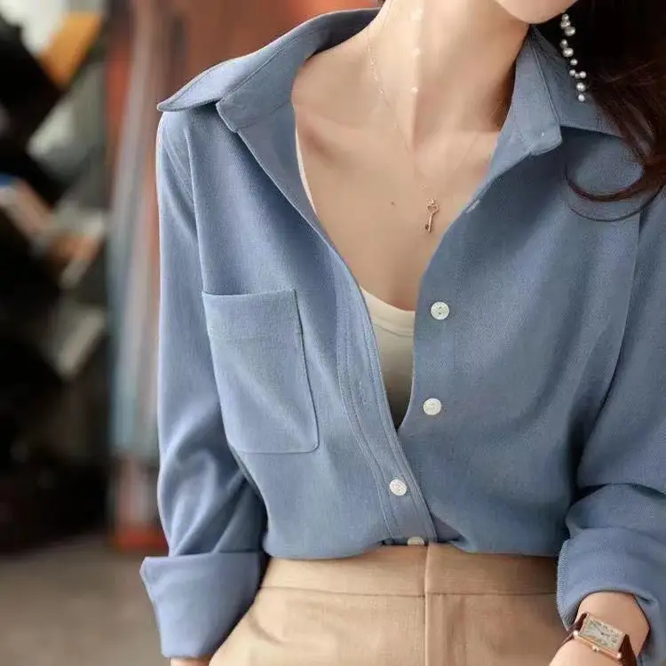 Women's White Brushed Corduroy Long Sleeve Shirt - Image 6