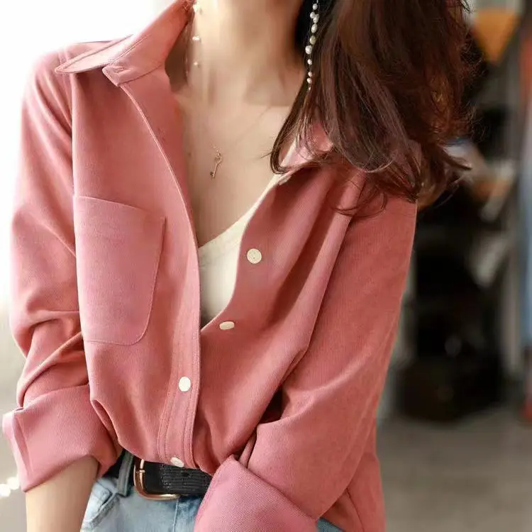 Women's White Brushed Corduroy Long Sleeve Shirt - Image 7