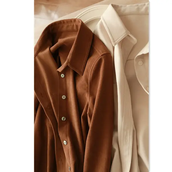 Women's White Brushed Corduroy Long Sleeve Shirt — feature 4