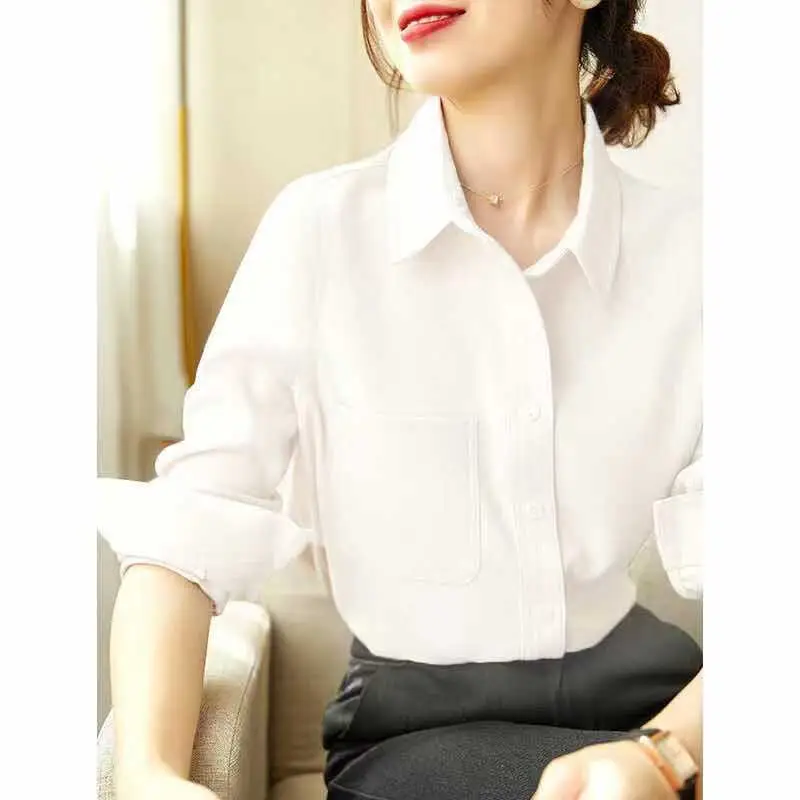 Women's White Brushed Corduroy Long Sleeve Shirt — feature 5