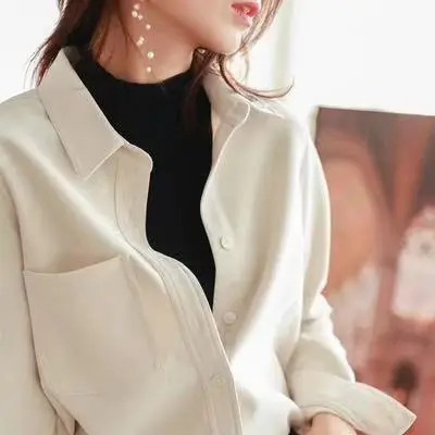 Women's White Brushed Corduroy Long Sleeve Shirt - Image 2