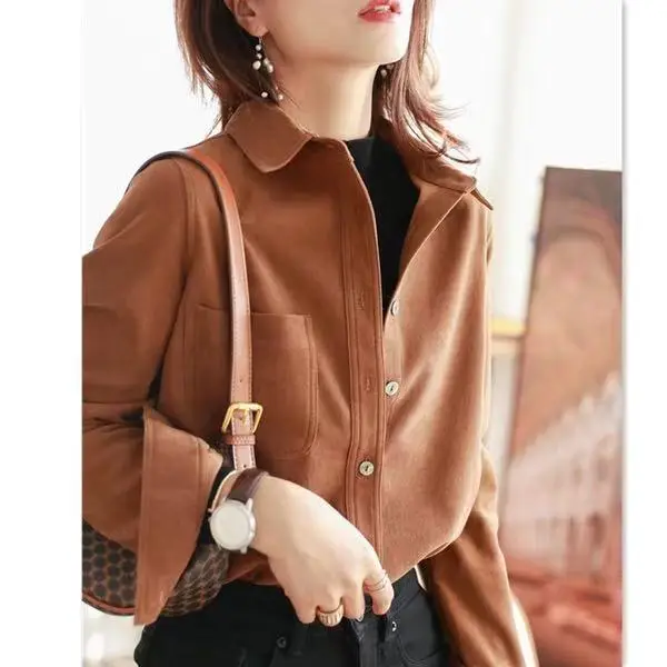 Women's White Brushed Corduroy Long Sleeve Shirt - Image 5