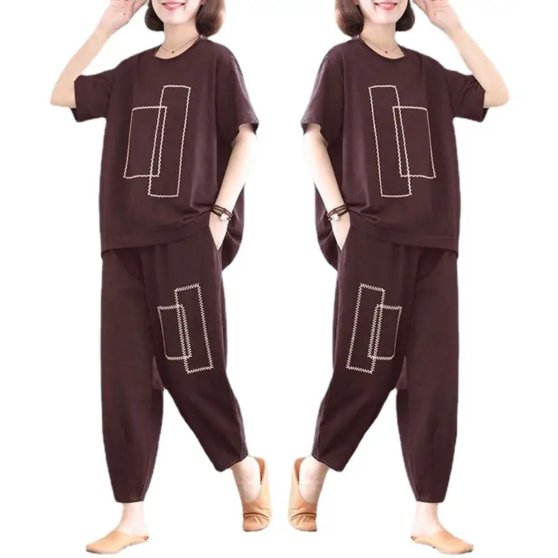 Women Loose Slim Fit Casual Two-Piece Set Large Brown - Image 9