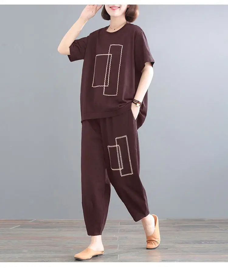 Women Loose Slim Fit Casual Two-Piece Set Large Brown — feature 8
