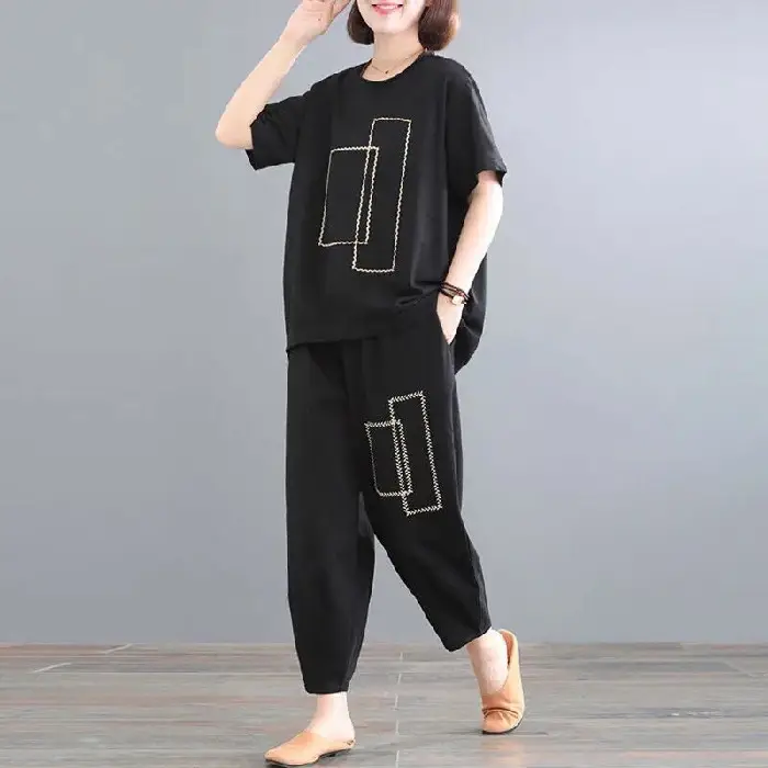 Women Loose Slim Fit Casual Two-Piece Set Large Brown - Image 2