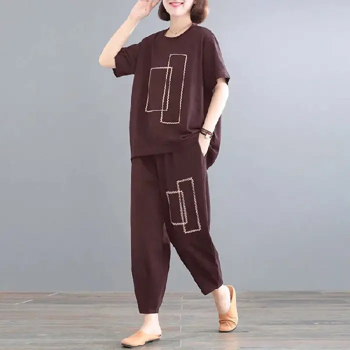 Women Loose Slim Fit Casual Two-Piece Set Large Brown - Image 3