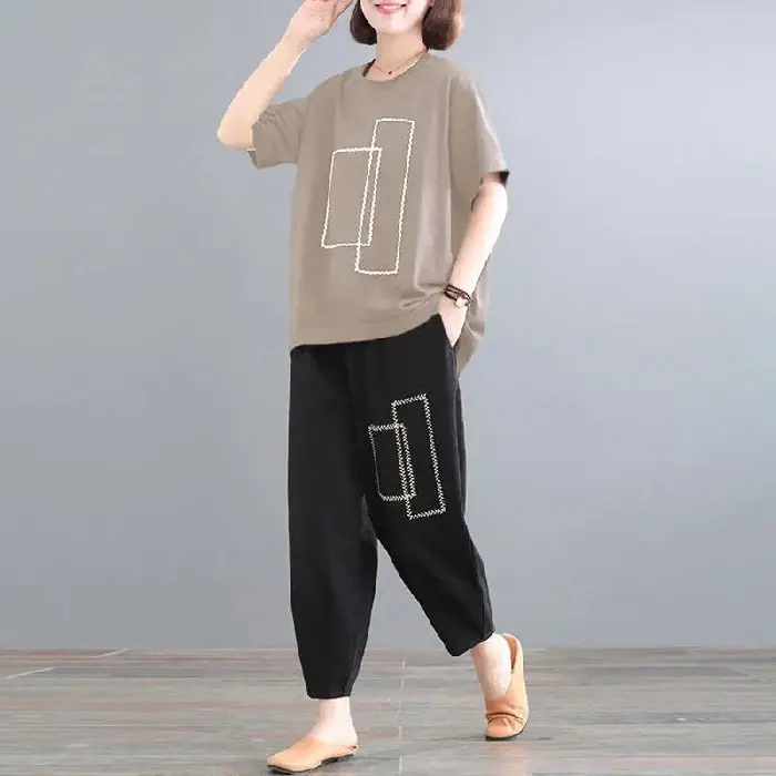 Women Loose Slim Fit Casual Two-Piece Set Large Brown - Image 4