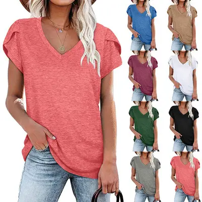 V Neck Floral Cotton T-Shirt Blue Loose Casual - Image 10