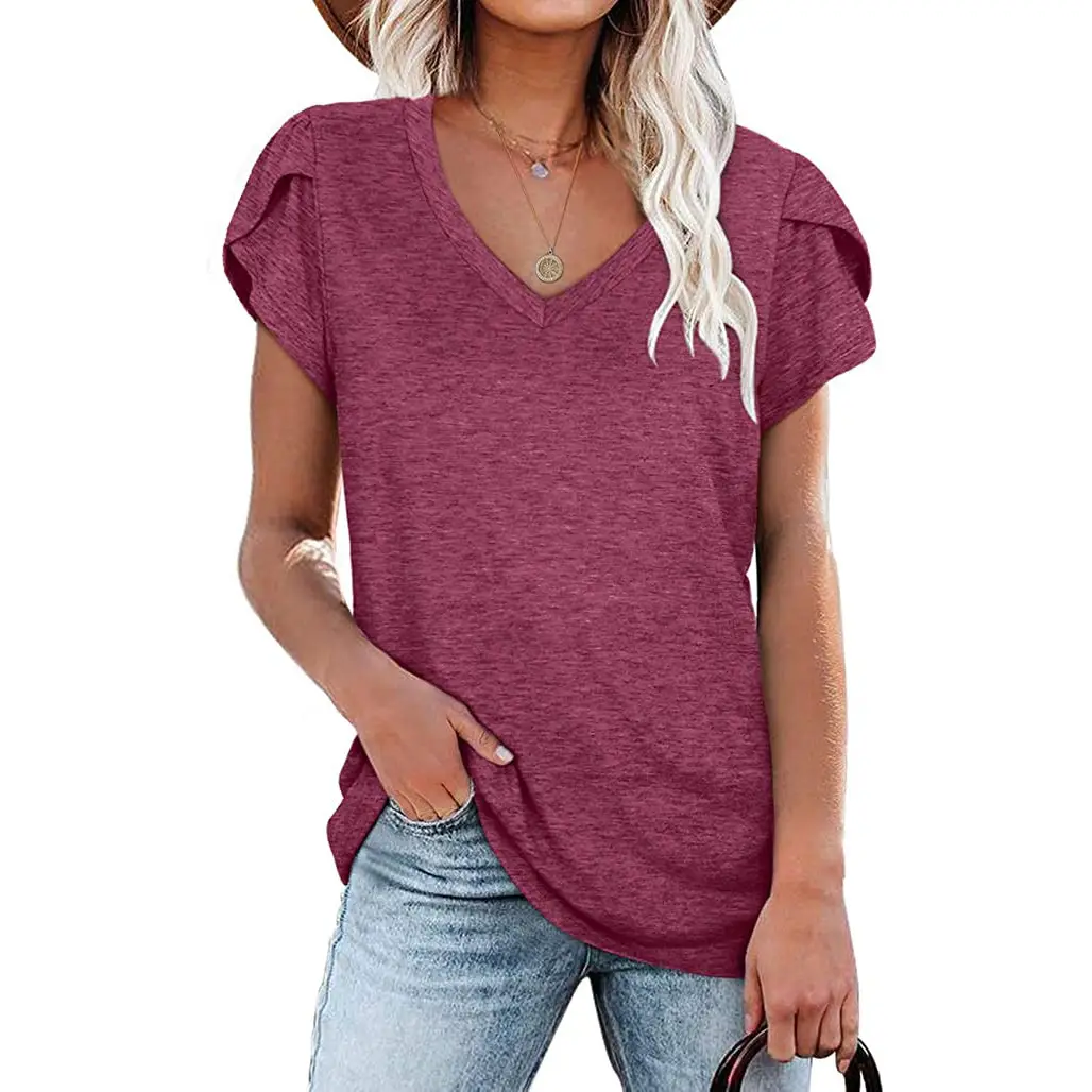 V Neck Floral Cotton T-Shirt Blue Loose Casual - Image 12