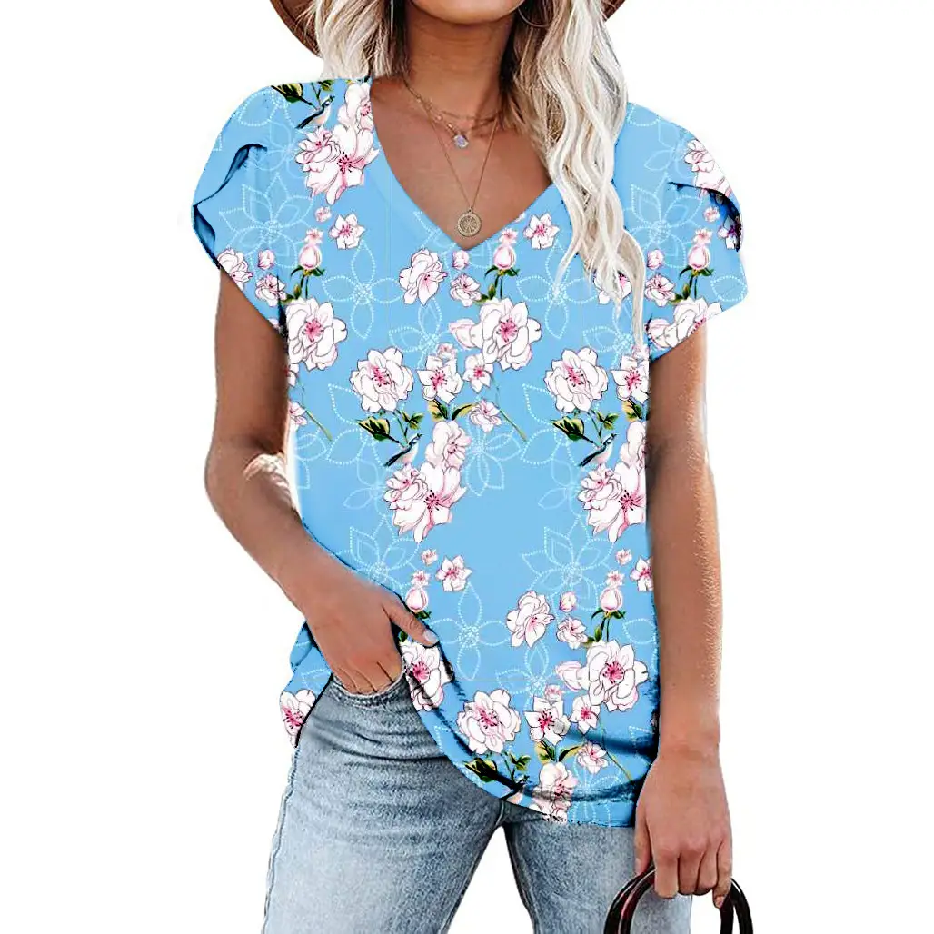 V Neck Floral Cotton T-Shirt Blue Loose Casual - Image 9